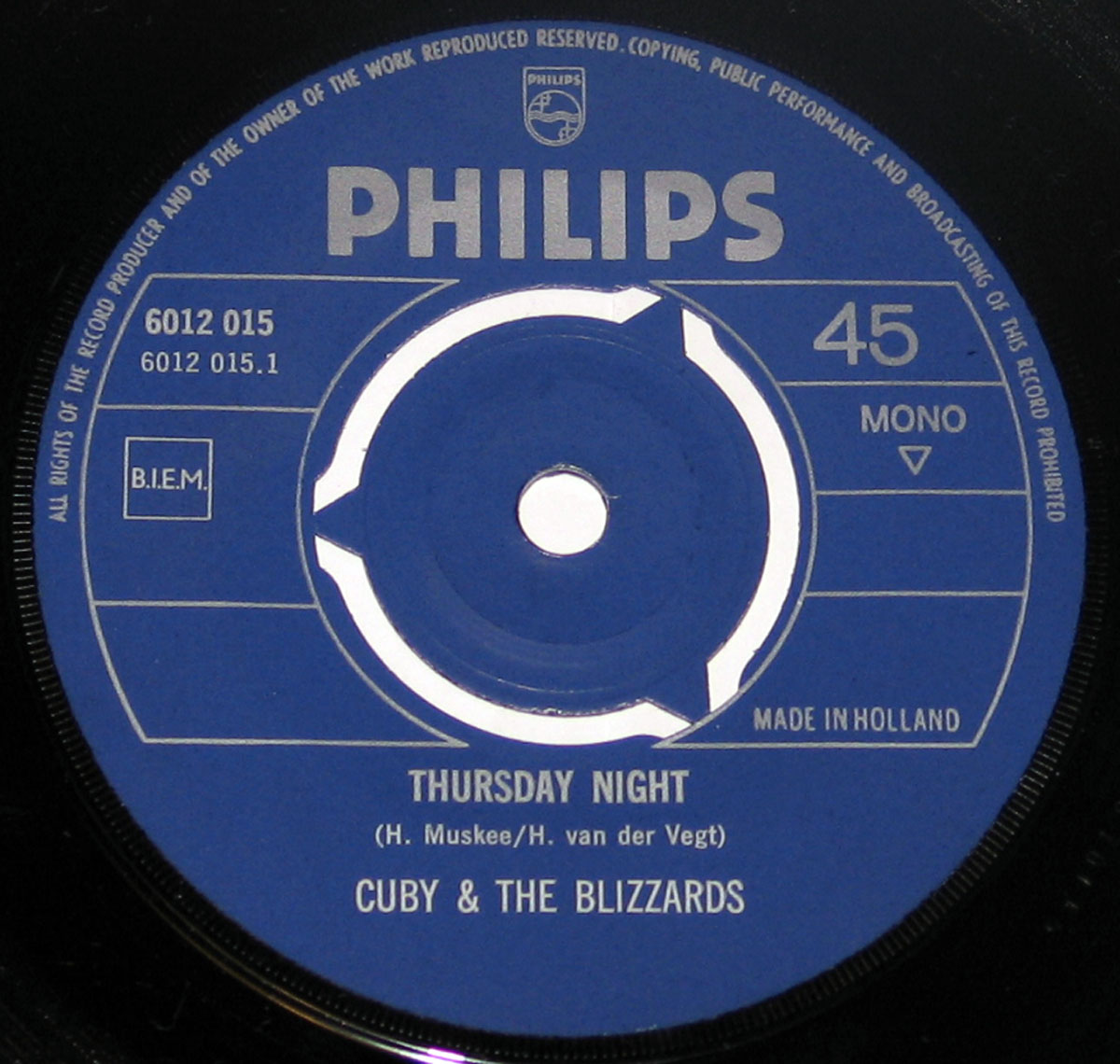 Close-up of Philips Side One label for Thursday Night by Cuby & The Blizzards, 6012 015 mono 45 RPM record, showing deep blue layout with silver text and BIEM rights box